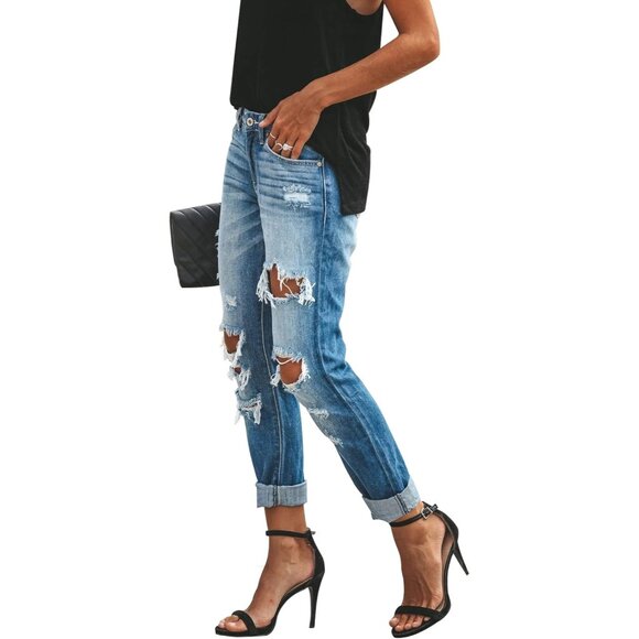 Women's Ripped Mid Waisted Boyfriend Jeans Stretchy Denim Casual Pants - Picture 2 of 5